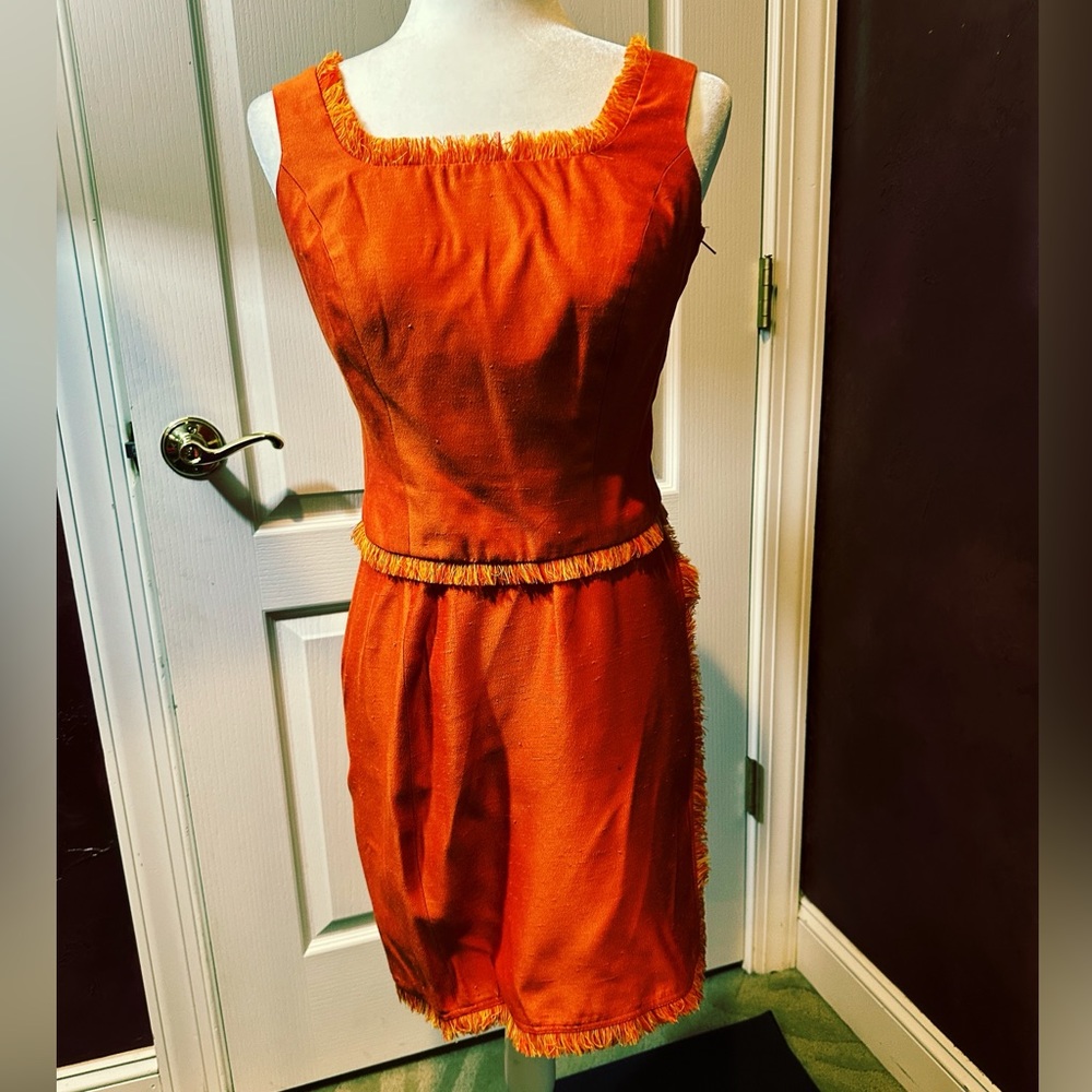 Vintage Victoria Pappas 2 piece Skirt Suit with Contrasting Fringe on Collar Hem